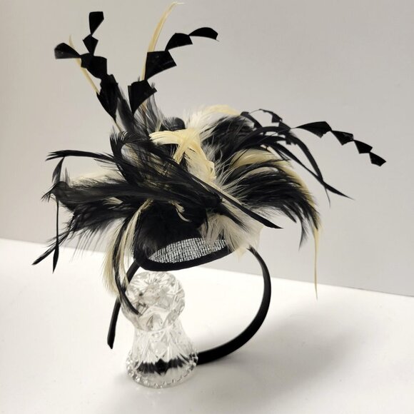 Black and Cream Feathers Fascinator on a Headband - Picture 4 of 14
